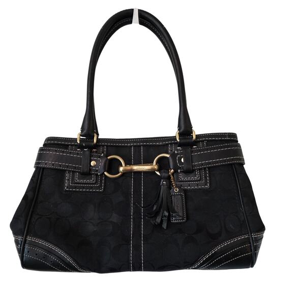 Coach Hampton Satchel Bag Purse Signature Canvas Tassel Belt Black - Picture 1 of 5
